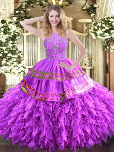 Lilac Zipper Quince Ball Gowns Beading and Ruffles and Sequins Sleeveless Floor Length