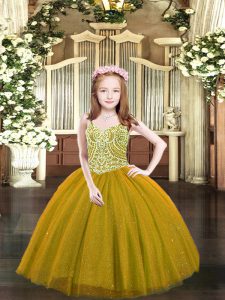 Adorable Brown Tulle Lace Up Straps Sleeveless Floor Length Little Girl Pageant Dress Beading