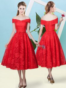 Most Popular Red Cap Sleeves Tea Length Bowknot Lace Up Dama Dress