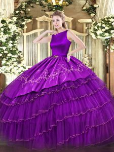 High End Purple Ball Gowns Organza Scoop Sleeveless Embroidery and Ruffled Layers Floor Length Clasp Handle Quince Ball Gowns