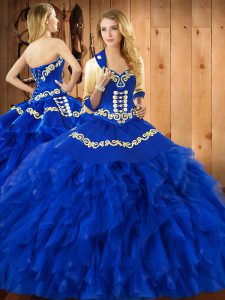Blue Ball Gowns Embroidery and Ruffles Vestidos de Quinceanera Lace Up Satin and Organza Sleeveless Floor Length