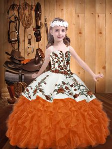 Straps Sleeveless Organza Pageant Gowns Embroidery and Ruffles Lace Up