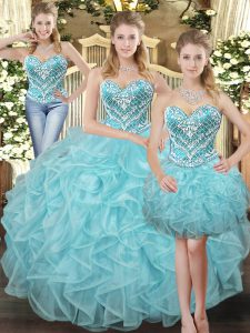 Aqua Blue Sleeveless Floor Length Beading and Ruffles Lace Up Sweet 16 Dresses