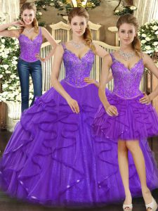Great Purple Three Pieces Straps Sleeveless Organza Floor Length Lace Up Beading and Ruffles Sweet 16 Quinceanera Dress
