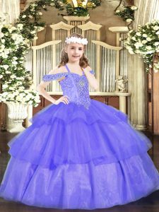Off The Shoulder Sleeveless Organza Pageant Gowns For Girls Beading and Ruffled Layers Lace Up