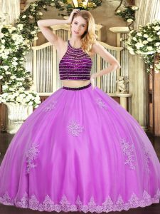 Sexy Lilac Halter Top Neckline Beading and Appliques Quince Ball Gowns Sleeveless Zipper