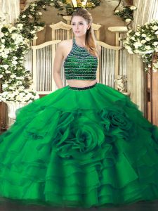 Fine Green Two Pieces Beading and Ruffled Layers Quinceanera Gowns Zipper Tulle Sleeveless Floor Length
