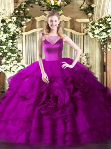 Glamorous Ball Gowns 15 Quinceanera Dress Fuchsia Scoop Organza Sleeveless Floor Length Side Zipper