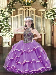 Lavender Ball Gowns Organza Halter Top Sleeveless Beading Floor Length Lace Up Pageant Dress for Teens