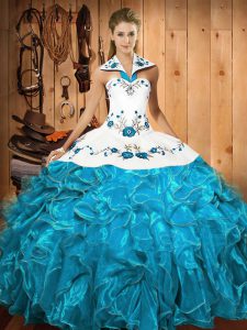 Halter Top Sleeveless Quinceanera Dress Floor Length Embroidery and Ruffles Baby Blue Satin and Organza