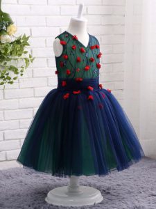 Most Popular Lace and Appliques Kids Pageant Dress Navy Blue Zipper Sleeveless Knee Length