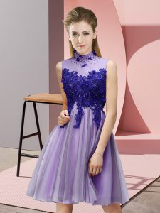Lavender Tulle Lace Up Quinceanera Court Dresses Sleeveless Knee Length Appliques
