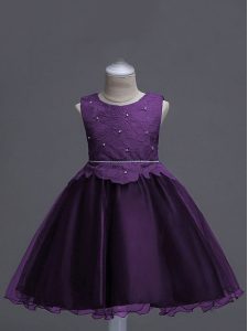 Knee Length Zipper Child Pageant Dress Dark Purple for Wedding Party with Lace