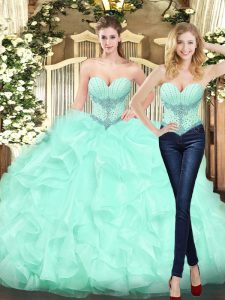 Sleeveless Floor Length Beading and Ruffles Lace Up Sweet 16 Dresses with Apple Green