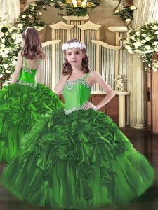Dark Green Ball Gowns Organza Straps Sleeveless Beading and Ruffles Floor Length Lace Up Child Pageant Dress