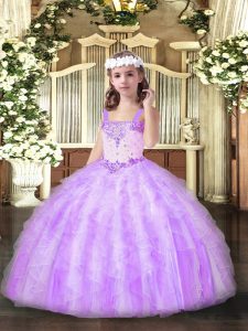 Fantastic Sleeveless Organza Floor Length Lace Up Pageant Gowns in Lilac with Beading and Ruffles