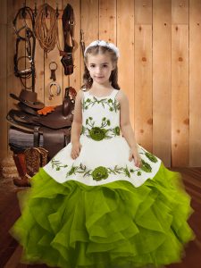 Olive Green Ball Gowns Straps Sleeveless Tulle Floor Length Lace Up Embroidery and Ruffles High School Pageant Dress