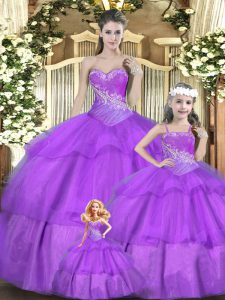 Lilac Sleeveless Beading and Ruffles and Ruching Floor Length Vestidos de Quinceanera