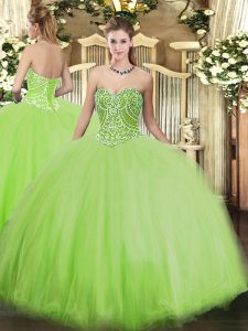 Latest Sleeveless Tulle Floor Length Lace Up 15th Birthday Dress in Yellow Green with Beading