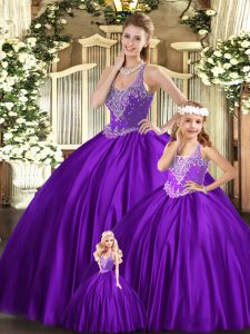 Purple Organza Lace Up Straps Sleeveless Floor Length Quinceanera Dresses Beading