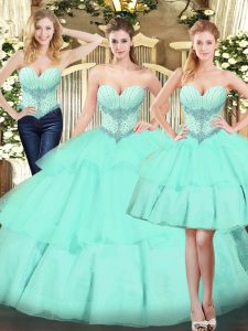 Apple Green Organza Lace Up Quinceanera Dress Sleeveless Floor Length Beading and Ruffled Layers