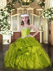 Sleeveless Organza Floor Length Lace Up Little Girls Pageant Dress in Olive Green with Beading and Ruffles