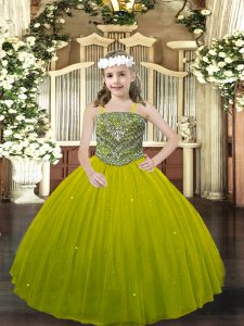 New Arrival Olive Green Lace Up Girls Pageant Dresses Beading Sleeveless Floor Length