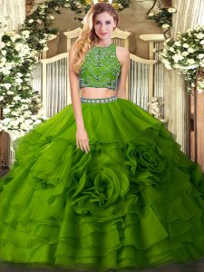 Floor Length Two Pieces Sleeveless Olive Green Quince Ball Gowns Zipper
