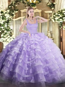 Customized Sleeveless Organza Floor Length Zipper Ball Gown Prom Dress in Lavender with Beading and Ruffled Layers