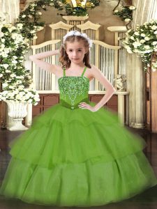 Green Sleeveless Organza Lace Up Kids Pageant Dress for Party and Quinceanera