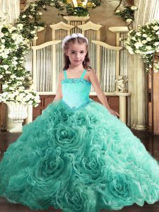 Dramatic Turquoise Sleeveless Appliques Floor Length Pageant Dress for Teens