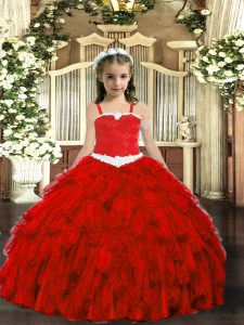 Best Wine Red Sleeveless Floor Length Appliques and Ruffles Lace Up Pageant Dress Toddler