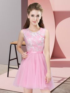 Popular Mini Length Pink Quinceanera Court of Honor Dress Tulle Sleeveless Lace