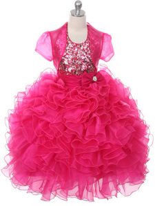 Graceful Hot Pink Sleeveless Ruffles and Sequins and Bowknot Floor Length Pageant Dress for Womens