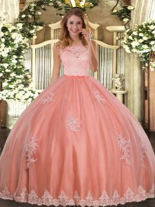 Scoop Sleeveless Sweet 16 Dresses Floor Length Lace and Appliques Watermelon Red Tulle