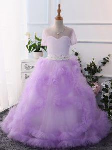 Inexpensive Lavender Ball Gowns Tulle Scoop Short Sleeves Beading Floor Length Clasp Handle Girls Pageant Dresses