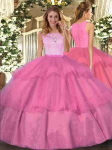 Fashionable Organza Scoop Sleeveless Clasp Handle Lace and Ruffled Layers 15 Quinceanera Dress in Hot Pink