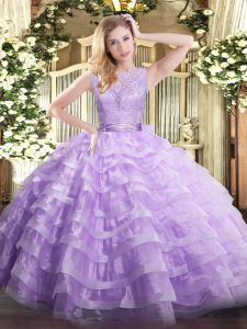 Designer Lavender Scoop Neckline Lace and Ruffled Layers Vestidos de Quinceanera Sleeveless Backless