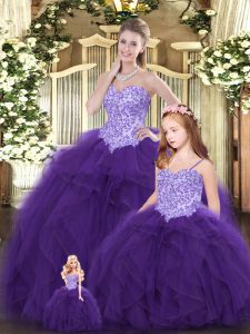 Fantastic Floor Length Lace Up Sweet 16 Dresses Eggplant Purple for Military Ball and Sweet 16 and Quinceanera with Beading and Ruffles