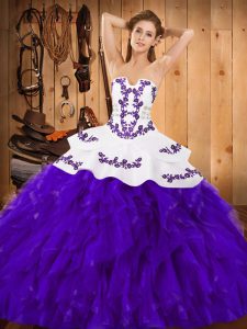 White And Purple Lace Up Ball Gown Prom Dress Embroidery and Ruffles Sleeveless Floor Length