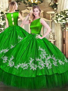 Custom Made Green Ball Gowns Satin and Tulle Scoop Sleeveless Embroidery Floor Length Clasp Handle Sweet 16 Dress
