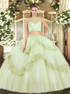 Inexpensive Yellow Green Two Pieces Beading and Appliques Quinceanera Dress Zipper Tulle Sleeveless Floor Length