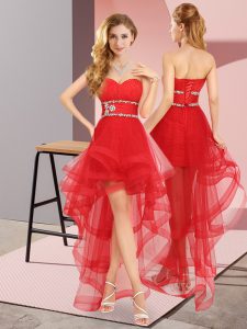 High Low A-line Sleeveless Red Quinceanera Court Dresses Lace Up