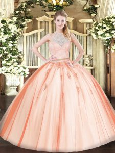 Top Selling Orange Two Pieces Lace and Appliques Teens Party Dress Zipper Tulle Sleeveless Floor Length