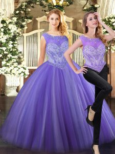 Custom Designed Lavender Tulle Zipper Quinceanera Gowns Sleeveless Floor Length Beading