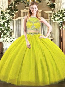 Suitable Olive Green Tulle Zipper Quinceanera Gowns Sleeveless Floor Length Beading