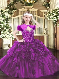 Attractive Fuchsia Sleeveless Floor Length Beading and Ruffles Lace Up Pageant Dress for Womens