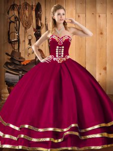 Adorable Floor Length Lace Up Sweet 16 Quinceanera Dress Wine Red for Military Ball and Sweet 16 and Quinceanera with Embroidery and Ruffles
