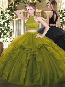Sleeveless Organza Floor Length Backless Quinceanera Dress in Olive Green with Beading and Ruffles