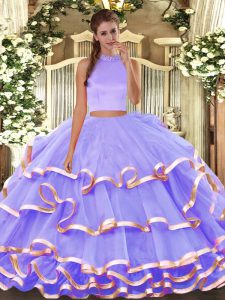 Floor Length Two Pieces Sleeveless Lavender Sweet 16 Dress Backless
